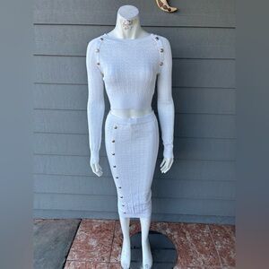 Hera Collection White Knit Midi Skirt with Gold Buttons